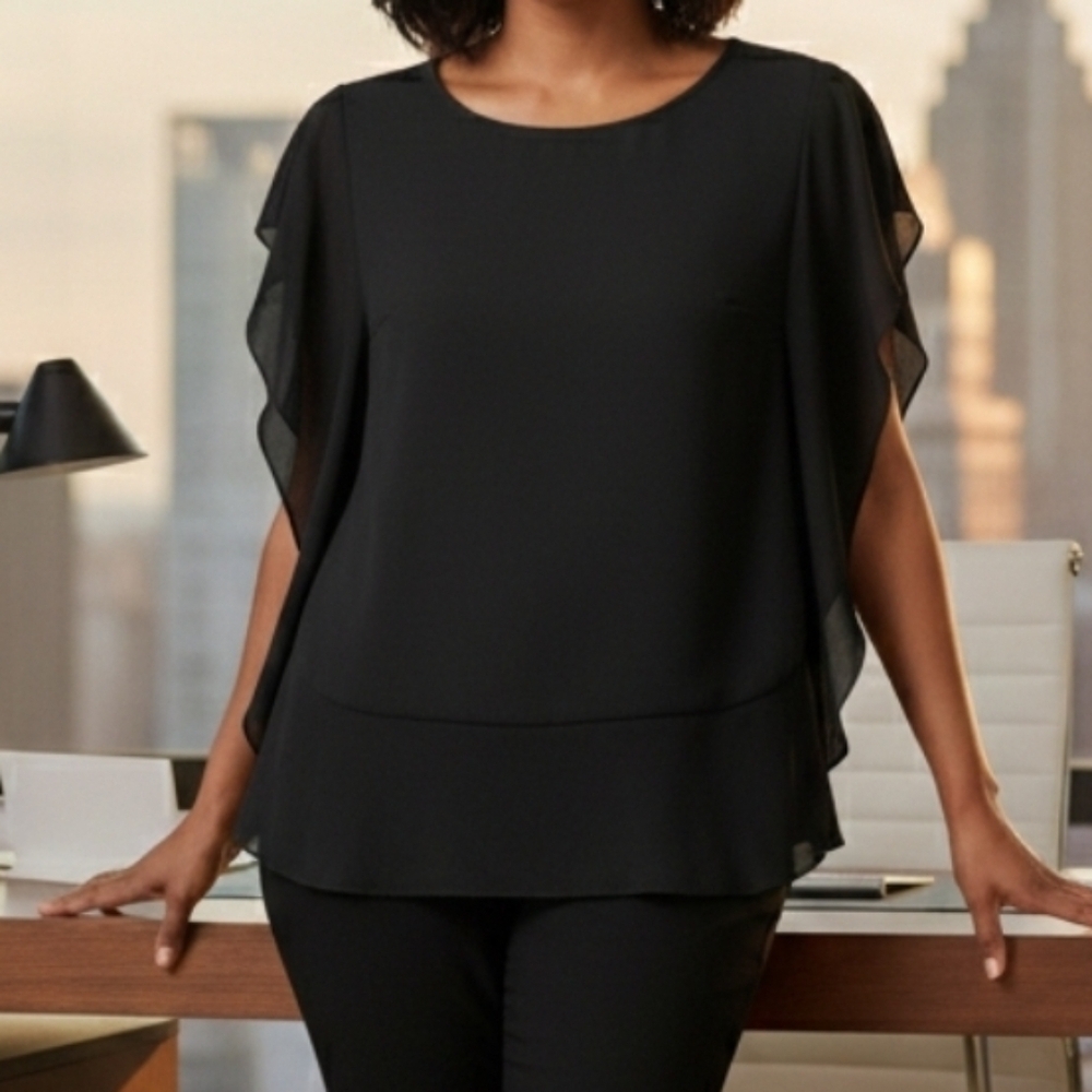 Laurie Felt Flounce Butterfly Black Chiffon Lined Blouse, Black, XS NWOT